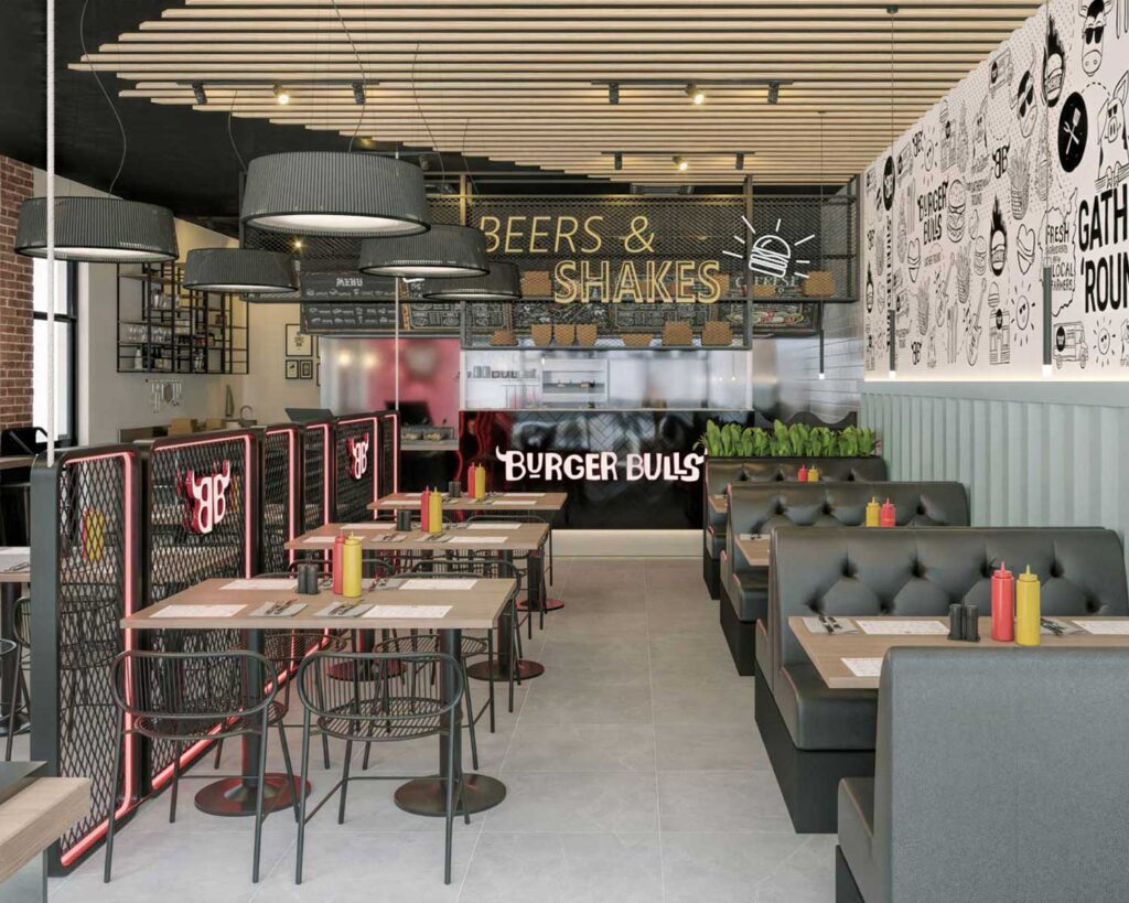 designing a modern burger restaurant with tables and chairs in Sydney Australia