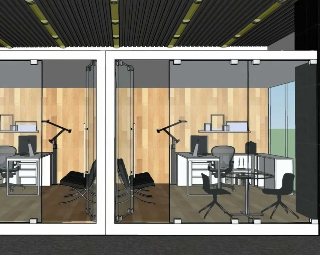 designing an office with glass wall with a desk and chairs