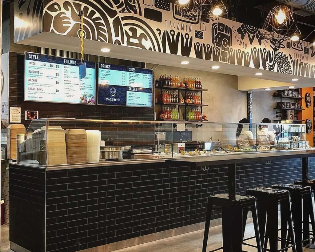 designing a Mexican restaurant with a counter and menus