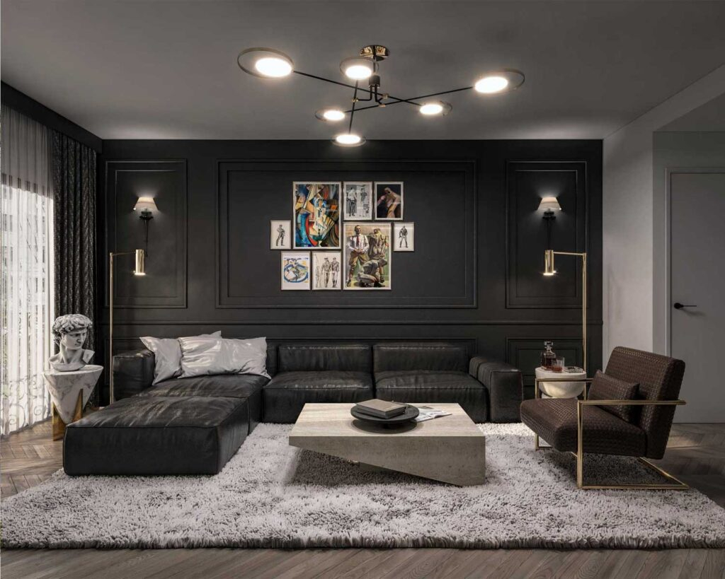 design a living room like an office in Hollywood with a black wall and a couch